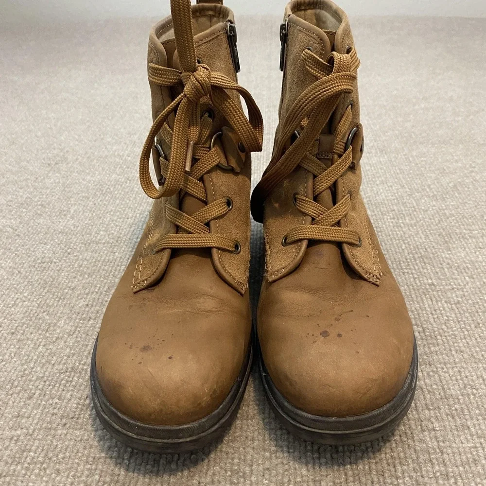 UGG Boots Womens Size 10 Brown Leather Fleece Lined Ankle Combat Zip Lace‎ Up